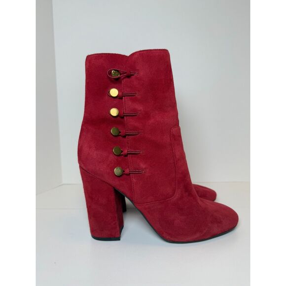 Guess Women's Size 8M Red Lucena Suede Boots Gold Buttons Block Heels EUC - Picture 3 of 9